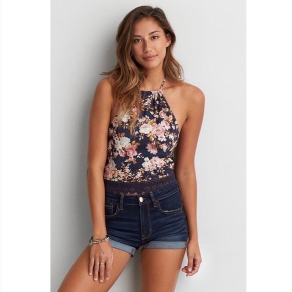 American Eagle Outfitters Tops - American Eagle Floral Halter Top Size XS Navy Cropped Spring Summer Sleeveless
